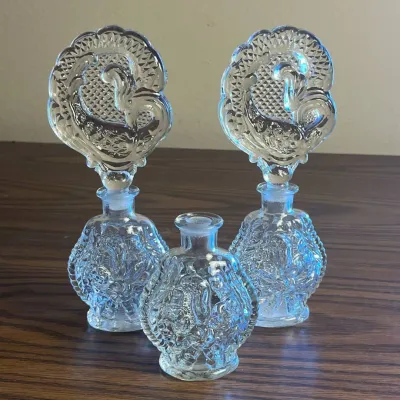 p Vintage Clear Glass Perfume Bottles with Ornate Stoppers, Set of 3 H- 8in and 4in.jpg