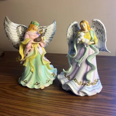 K hand painted angel figurines with delicate animal companions
