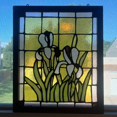 hd Handcrafted Stained Glass Panel Featuring Elegant Iris Design With Wooden Frame.jpg