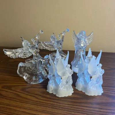 K set of frosted and clear plastic angel figurines and candle holders