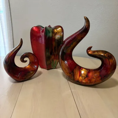 hd Set of Two Abstract Flame / Wave Motif Sculptures with Multi-Colored Decorative Vase.jpg