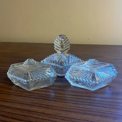 Hd vintage clear cut glass vanity or trinket set with leaf handle dish