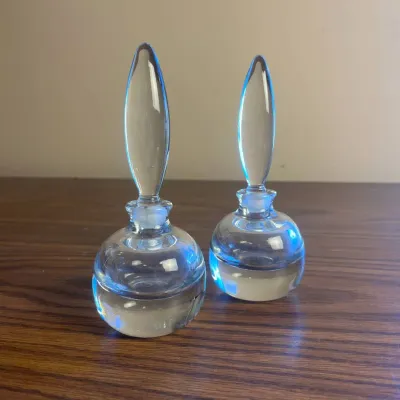 p Pair of Clear Round Glass Perfume Bottles with Elongated Stoppers H- 6.5 in .jpg