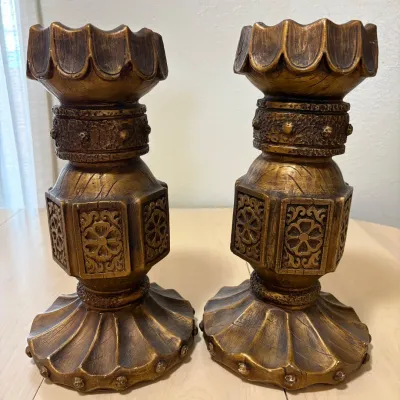 Hd pair of heavy ornate decorative pillar candle holders