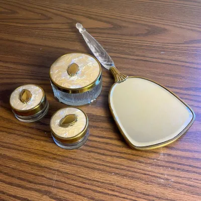 k Vintage Glass Vanity Set with Gold and Mother of Pearl Colored Accents.jpg