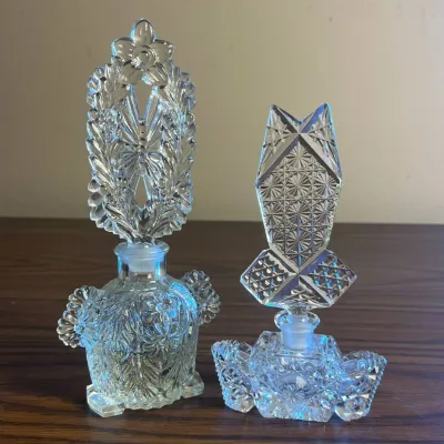 p Vintage Cut Glass Perfume Bottles with Intricate Ornate Stoppers H- 8in and 6.5in .jpg