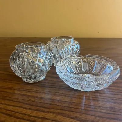 Hd vintage cut crystal glass ashtray and decorative rose bowl set