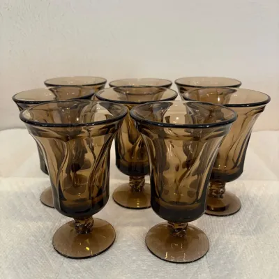 Hd set of 8 fostoria jamestown brown swirl footed glasses