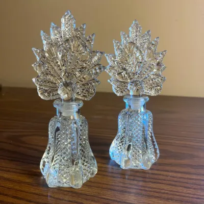p Pair of Intricately Cut Crystal Perfume Bottles with Leaf-Shaped Stoppers H- 7in.jpg