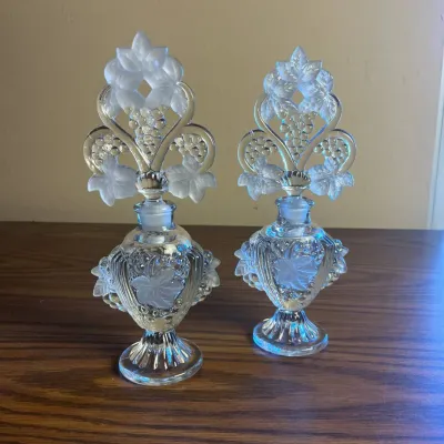 p Pair of Vintage Etched Glass Perfume Bottles with Intricate Floral Stoppers H- 10in.jpg
