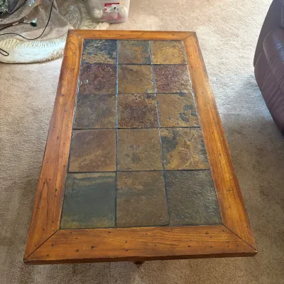 F rustic slate tile top wooden coffee table 18 tall 51 5 long 30 wide