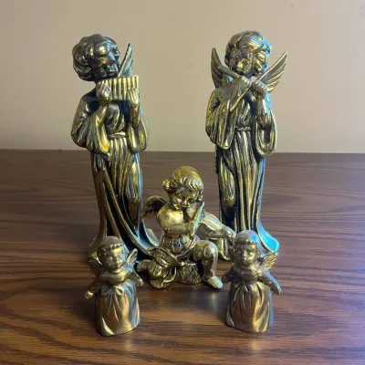 K set of five brass colored angel figurines