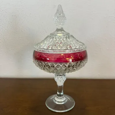 Hd indiana glass diamond point ruby flash pedestal covered candy dish