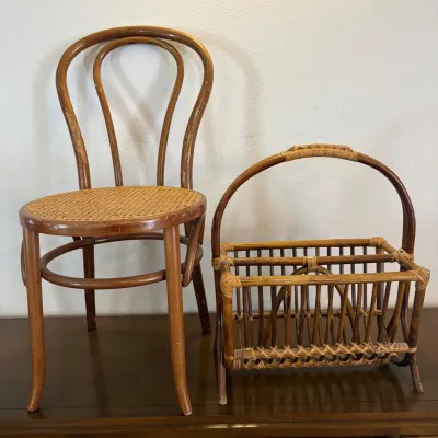 Ld bentwood chair with woven cane seat matching rattan magazine rack