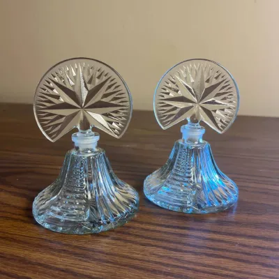 p  Pair of Vintage Cut Glass Perfume Bottles and Stoppers with Intricate Starburst Pattern H- 5in .jpg