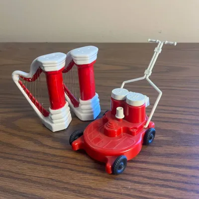 K red and white lawn mower and harp shaped salt and pepper shaker set