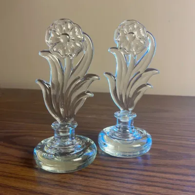 P vintage glass flower perfume bottle and stoppers set of 2 h 7in