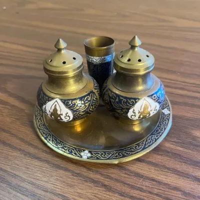 k Brass Colored and Enamel Salt and Pepper Shaker Set with Matching Tray and Toothpick Holder .jpg