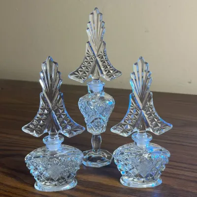 p Vintage Cut Glass Perfume Bottles with Ornate Stoppers Set of Three H- 6in and 8in.jpg