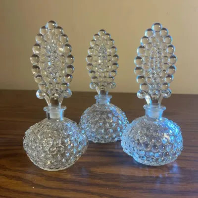 P set of 3 vintage hobnail glass perfume bottles with stoppers h 7in