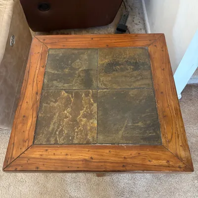 F rustic wooden end table with slate tile top 23 tall 27 75 square