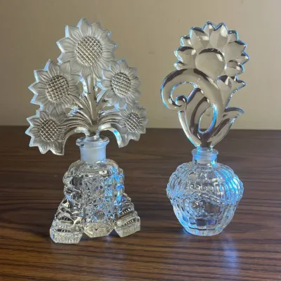 p Vintage Cut Glass Perfume Bottles with Ornate Floral/Sunflower Stoppers H- both 8in .jpg