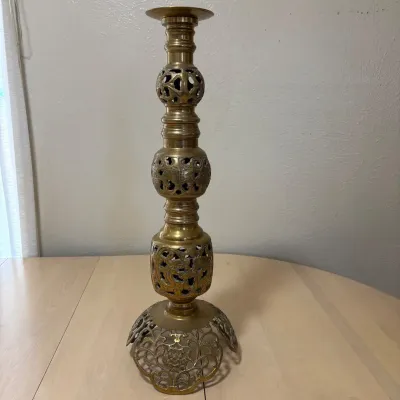 hd Multi-Tiered Reticulated and Pierced Filigree Brass Candlestick / Pillar Candle Holder.jpg