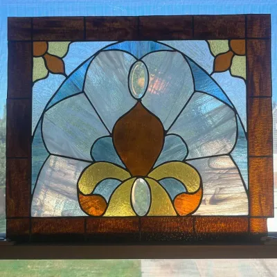 Hd stained glass panel featuring fleur de lis design