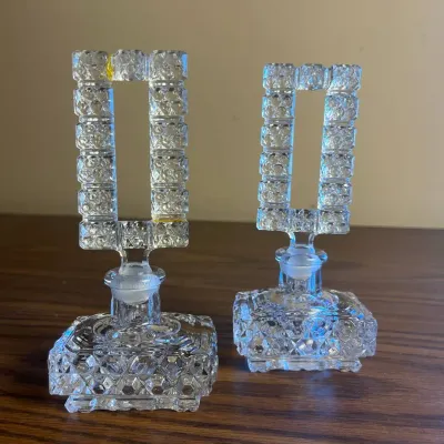 p Vintage Cut Glass Perfume Bottle with Rectangular Stoppers - Pair H- 6.5in .jpg