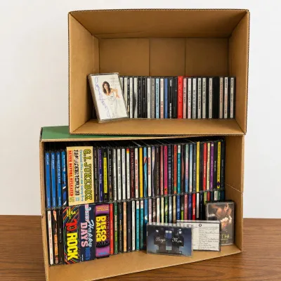 E extensive cd and cassette tape music collection in cardboard storage