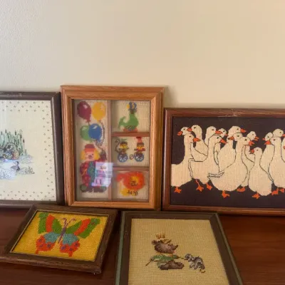 Title: Framed Needlepoint / Cross-Stitch Art Collection – Geese, Ducks, Clown & Butterfly