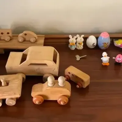 Vintage & Handmade Wooden Toy Vehicle Lot with Wind-Up Toys Montgomery Schoolhouse
