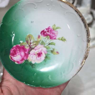 Antique Porcelain Plate with Hand-Painted Roses and Green Airbrush Border
