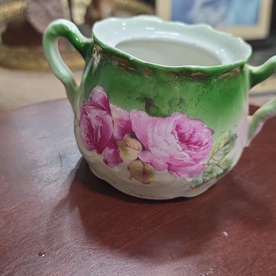 Antique Hand-Painted Roses Porcelain Sugar Bowl, Bavaria