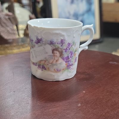 Antique German Porcelain 'A Present' Mustache Cup