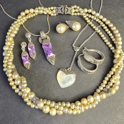 Sterling Silver Marcasite Pearl, Faceted Glass & Mother of Pearl Earrings & Necklaces
