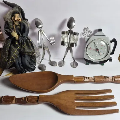Vintage Kitchen Witch, Forked Up Art Flatware Figures, Kettle Clock & Carved Wood Wall Fork & Spoon
