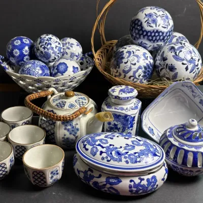 Blue & White Ceramics: Asian Tea Set, Carpet Balls, Ginger Jar  & More