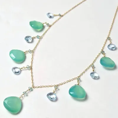 14k Gold Chalcedony & Blue Topaz Drop Necklace 17.5"