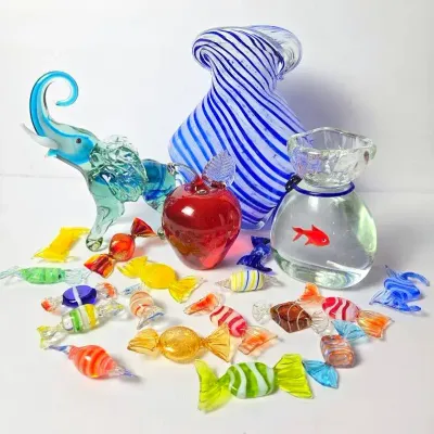 Murano Style Glass Candy, Hand Blown Glass Elephant Figurine, Vase & More