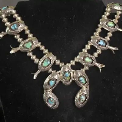 Southwestern Sterling Silver Turquoise Squash Blossom Necklace