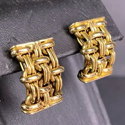 14K Gold Basket Weave Chain Link Earrings