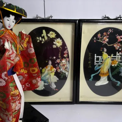 Japanese Geisha Doll & Asian Black Lacquer Shell/Mother of Pearl Wall Art