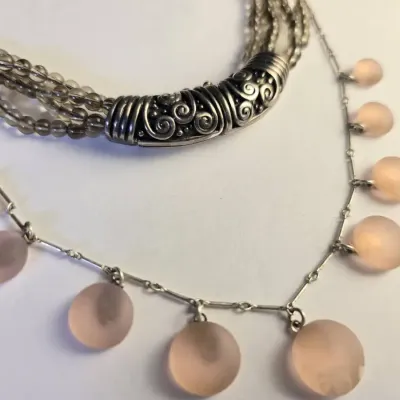 Sterling Silver Scrollwork Clasp Necklace & Frosted Pink Drop Necklace