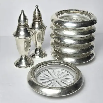 Weighted Sterling Silver Salt & Pepper Shakers & Rimmed Coasters