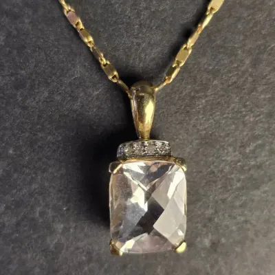14K Gold White Topaz Pendant with Diamond Accents on 14K Mirror Chain Necklace 18"