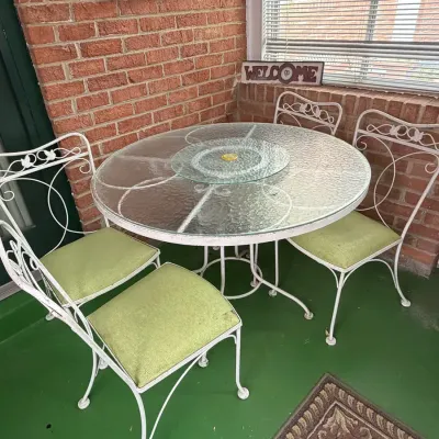 Vintage Glass & Wrought Iron Patio Table 41x29” & Chairs 25x26x33”