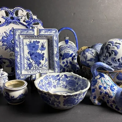 Blue & White Ceramic Decor - Cat Figurine, Carpet Balls & More