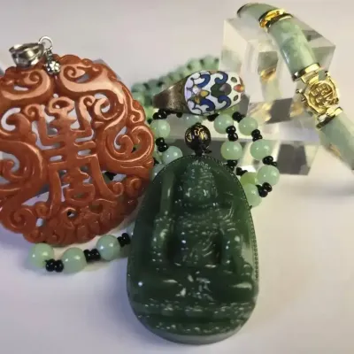Sterling Silver Jadeite Pendant & Bracelet, Plus Cloisone Dome Ring & Jade Look Beaded Necklace