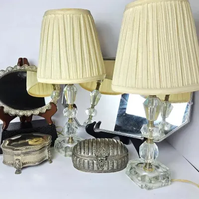 Vintage Vanity Lamps, Trinket Boxes, Mirrored Tray & Mirror